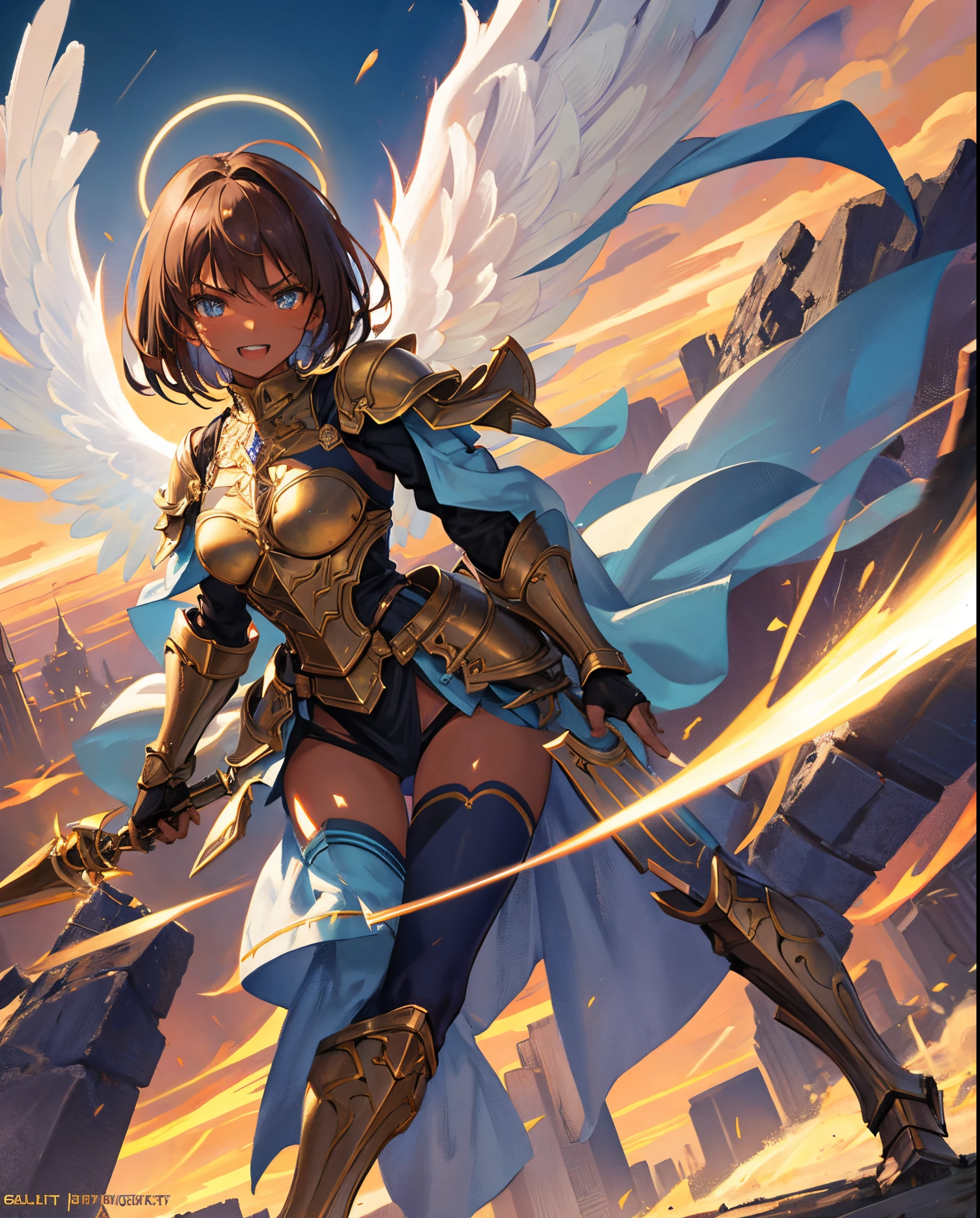 fantasy, 1angel_girl,child, loli,brown_hair, medium_bob_hair, long_bangs, halo,bare_shoulder,thighhighs,silver_armor, waist_armor, large_breasts,angry,grinning,open_mouth_teeth, 1pair_wings, dynamic_pose_fighting,floating, bare_crotch, headgear,gauntlet, greaves,city_sky_background,slightly_spread_legs, solo, groin_naked,dark_skin,