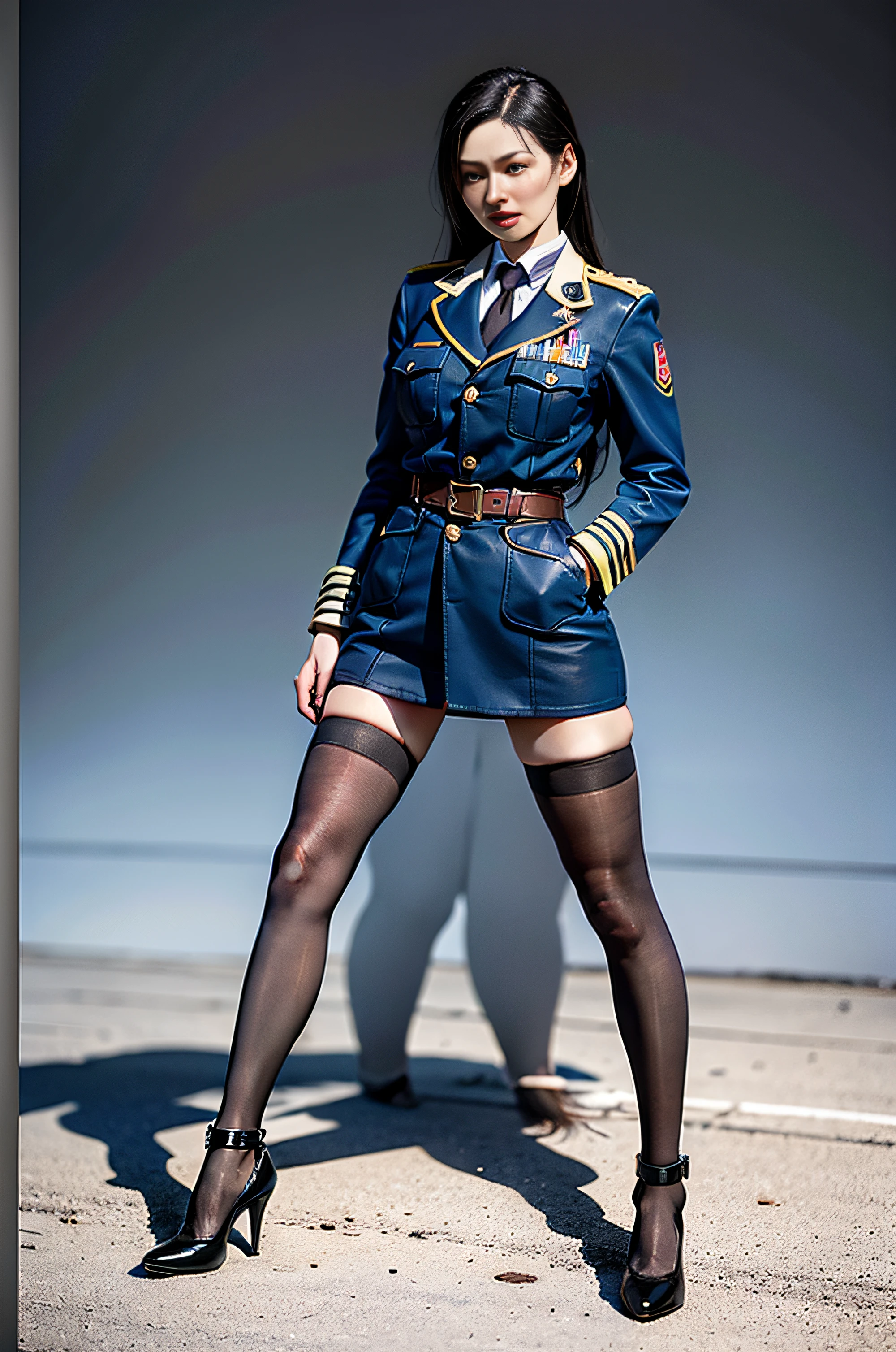 (Full body shot:1.3), Must show your face, anatomy correct, Stocking tights must be worn, colorful,Female WWII soldier with sabre,Complex and diverse battlefield background,Strangling effect, High-heeled leather shoes, anklet, leg loops, collars, Heavy makeup, A shallow laugh, hyper HD, Ray traching, structurally correct, Award-Awarded, high detal, lightand shade contrast, Face lighting,cinmatic lighting, tmasterpiece, super detailing, high high quality, high detal, best qualityer, 16k