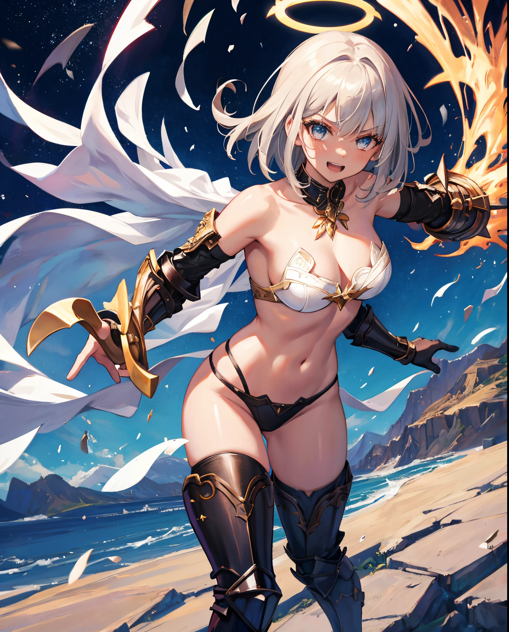 fantasy, 1angel_girl, loli,bwn_hair, medium_bob_hair, long_bangs, halo,bare_shoulder,thighhighs,silver_armor, waist_armor, large_breasts,angry,grinning,open_mouth_teeth, 1pair_wings, dynamic_pose_fighting,floating, bare_crotch, headgear,gauntlet, greaves,city_sky_background,slightly_spread_legs, solo, groin_naked,dark_skin,