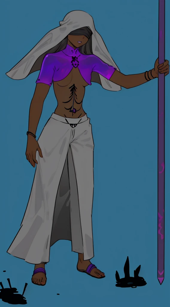 (masterpiece), best quality, detailed very Thin girl, black skin, headgear black simagh, black blindfold, detailed skeleton mask, full body, long black pants, half naked, black purple slime, holding spear, monster, cripple, no skeleton body, skeleton teeth