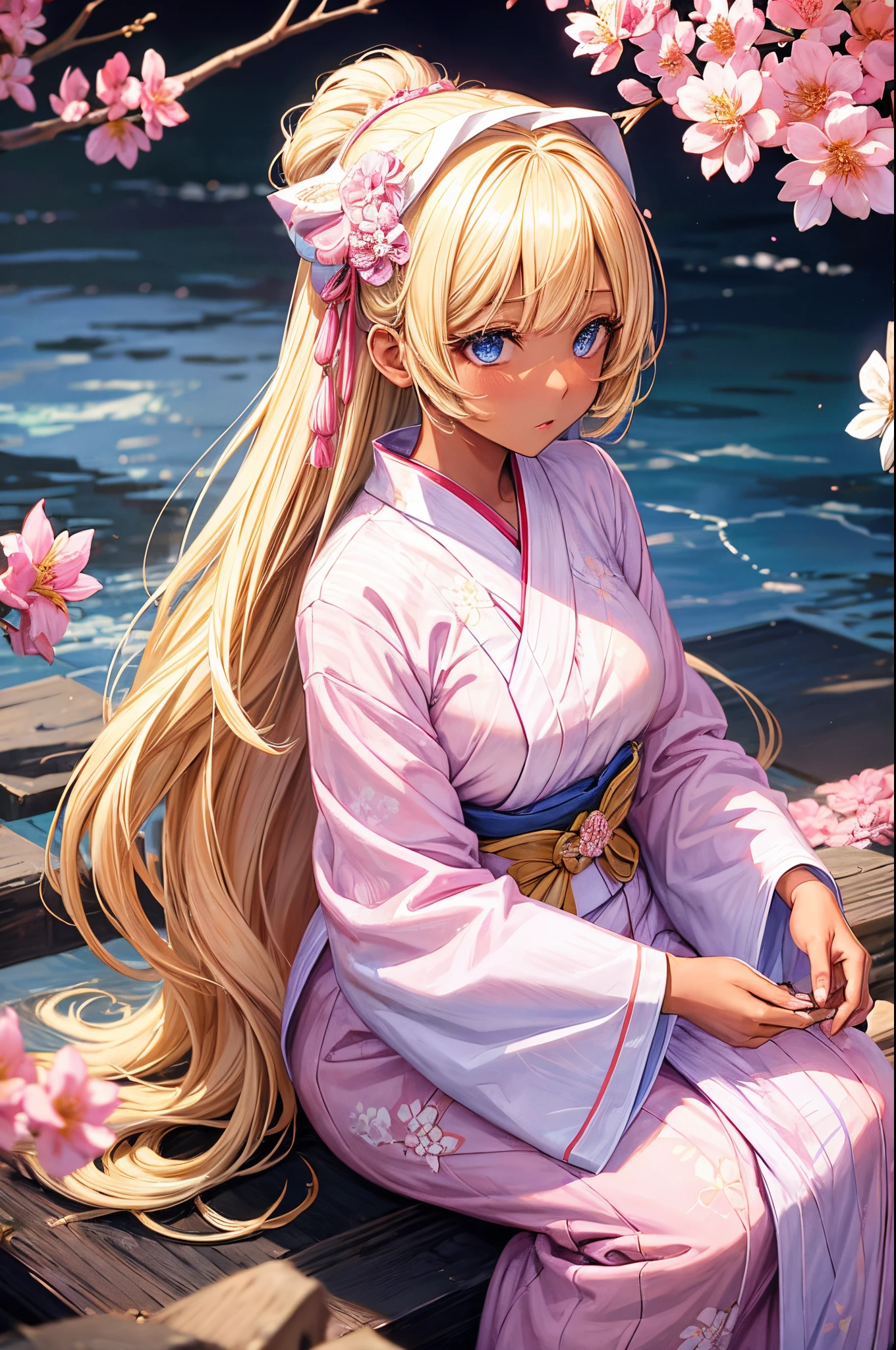Female, Hime Cut Blonde hair, Blue eyes, dark brown skin, wearing a white and pink yukata with floral accents