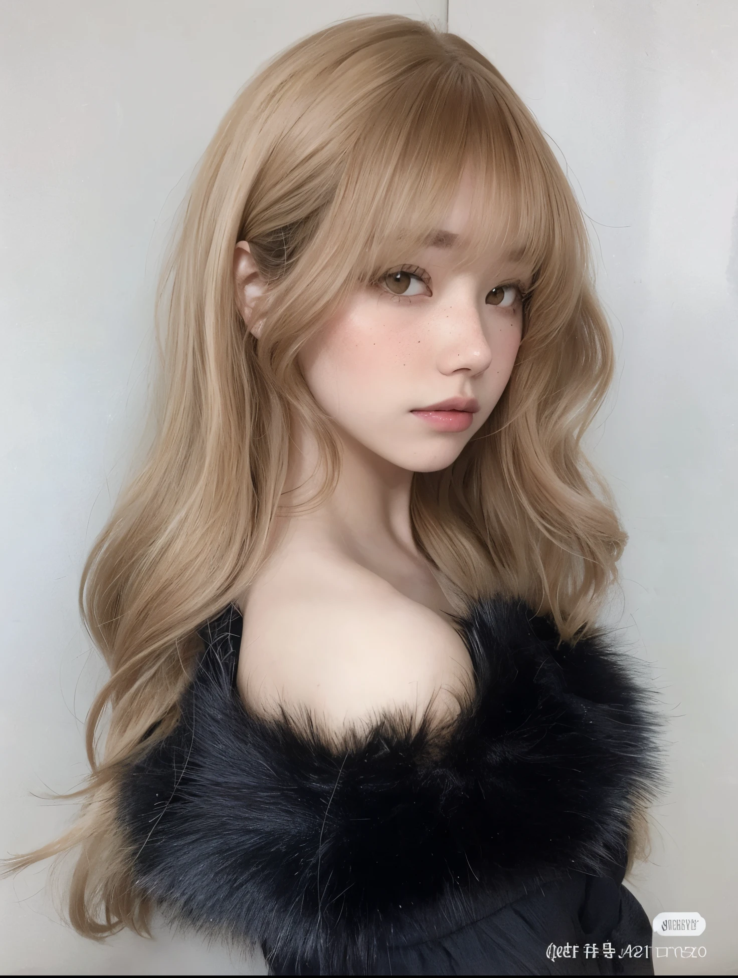 Un primer plano de una mujer con el pelo largo y rubio que lleva una estola de piel, Cabello suave, Lalisa Manobal, Pelo largo con flequillo, Cabello largo con flequillo completo, flequillo esponjoso, El Corte Hime, Peinado blanco de corte hime, Cabello beige, Cabello limpio con flequillo, ulzzang, con flequillo, brown long hair with bangs, con flequillo completo