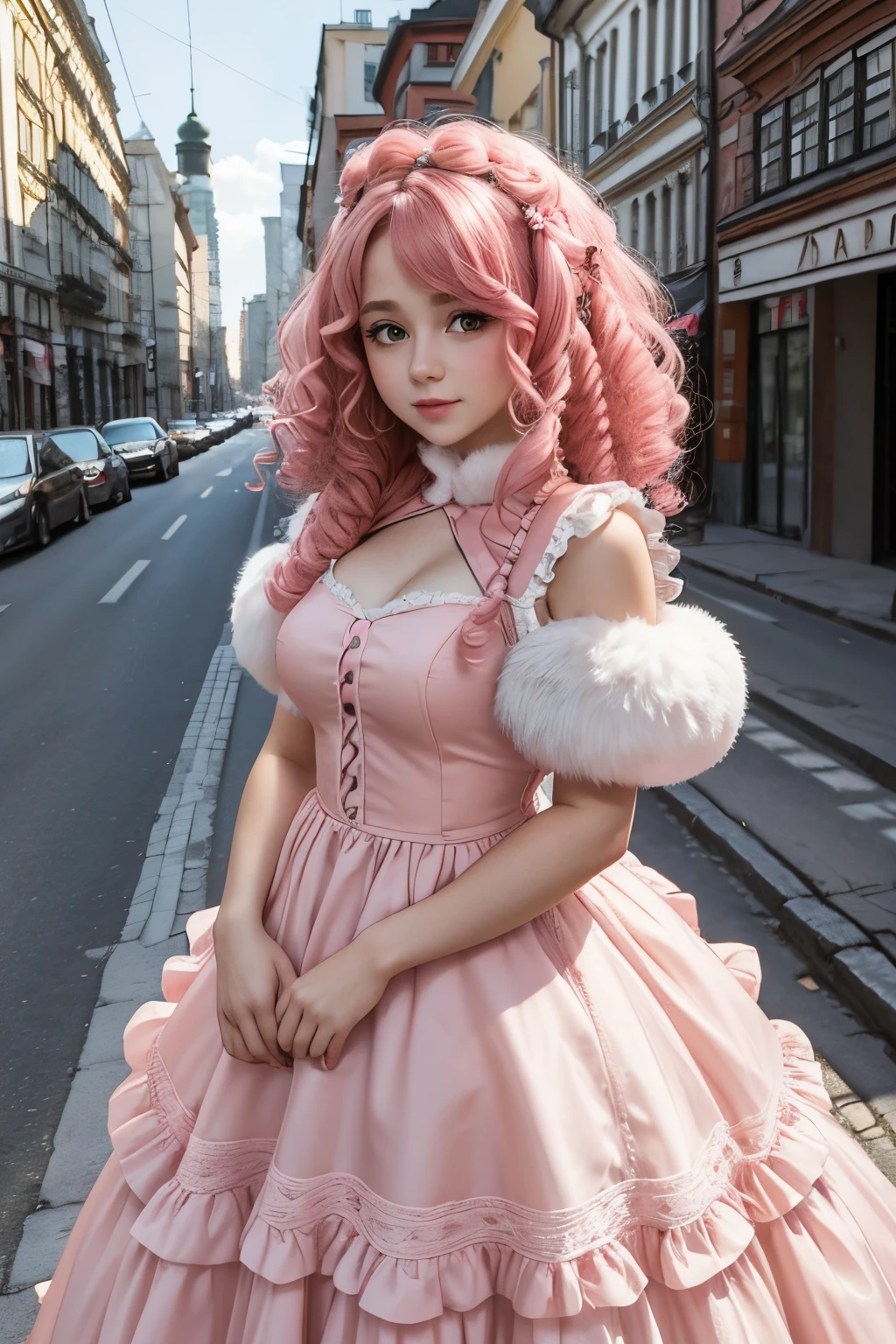 a girl with curly pink hair in a fluffy ball gown in the middle of the city of Zaporozhye