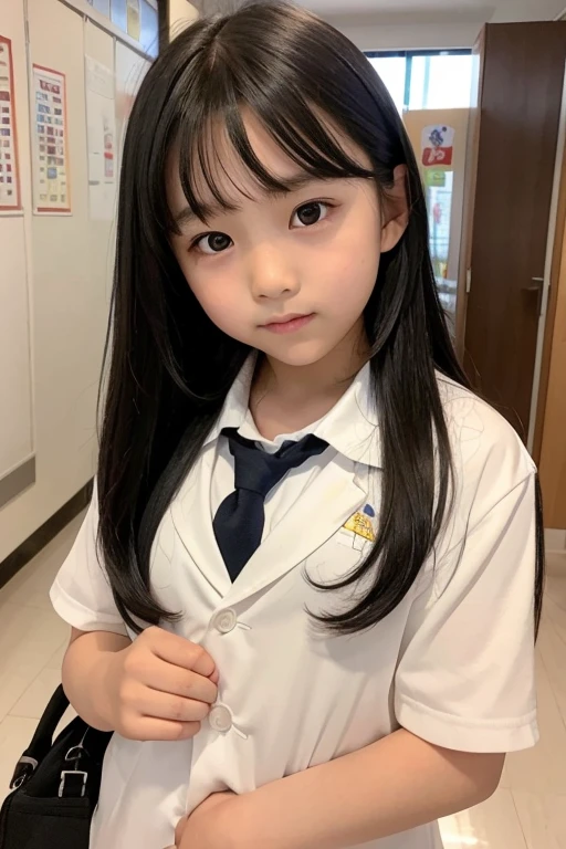 A shy -yeld elwith long black hair wearing a school uniform