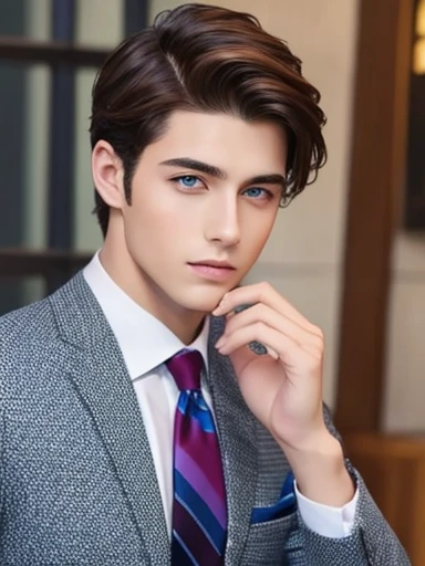 Handsome brunet guy, colorful eyes, suits,