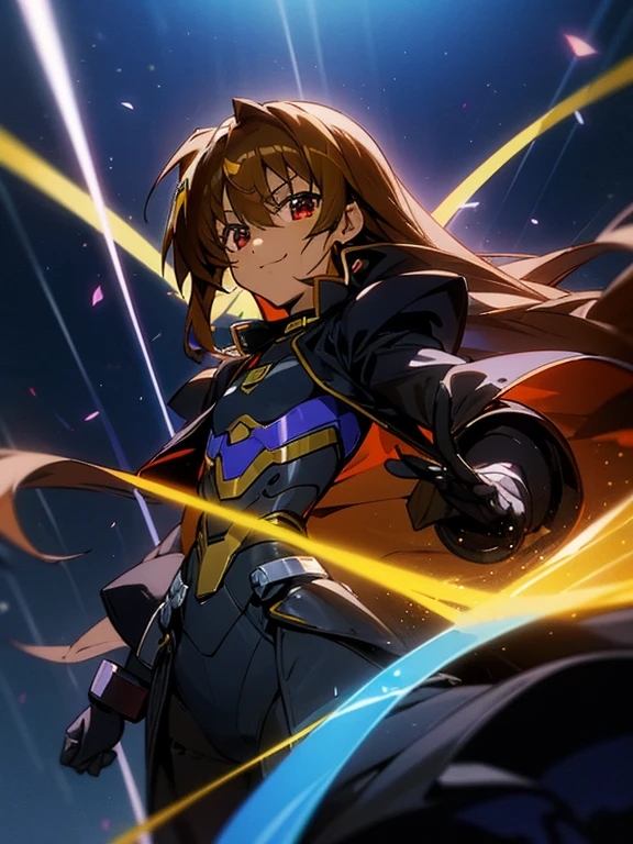 (Dark skin otokonoko), cute,(1 boy), (very long dark brown hair), red eyes, (flat chested) wearing (Magical Girl Lyrical Nanoha StrikerS: Vivio Takamachi black barrier jacket black armoured bodysuit), black armoured gauntlets, cute smile, close up, huge divine Magic crystal, magic circle, blue sky background,