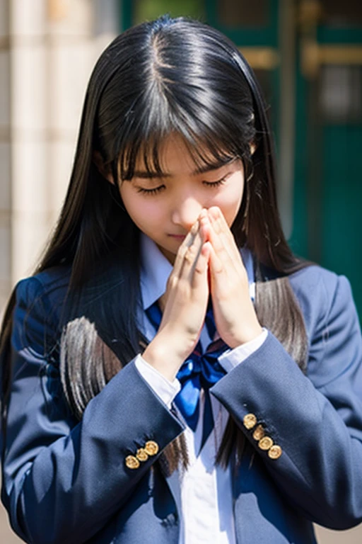 A -yeld hischool girl with long black hair wearing a school uniform and praying with her hands folded in front of her.