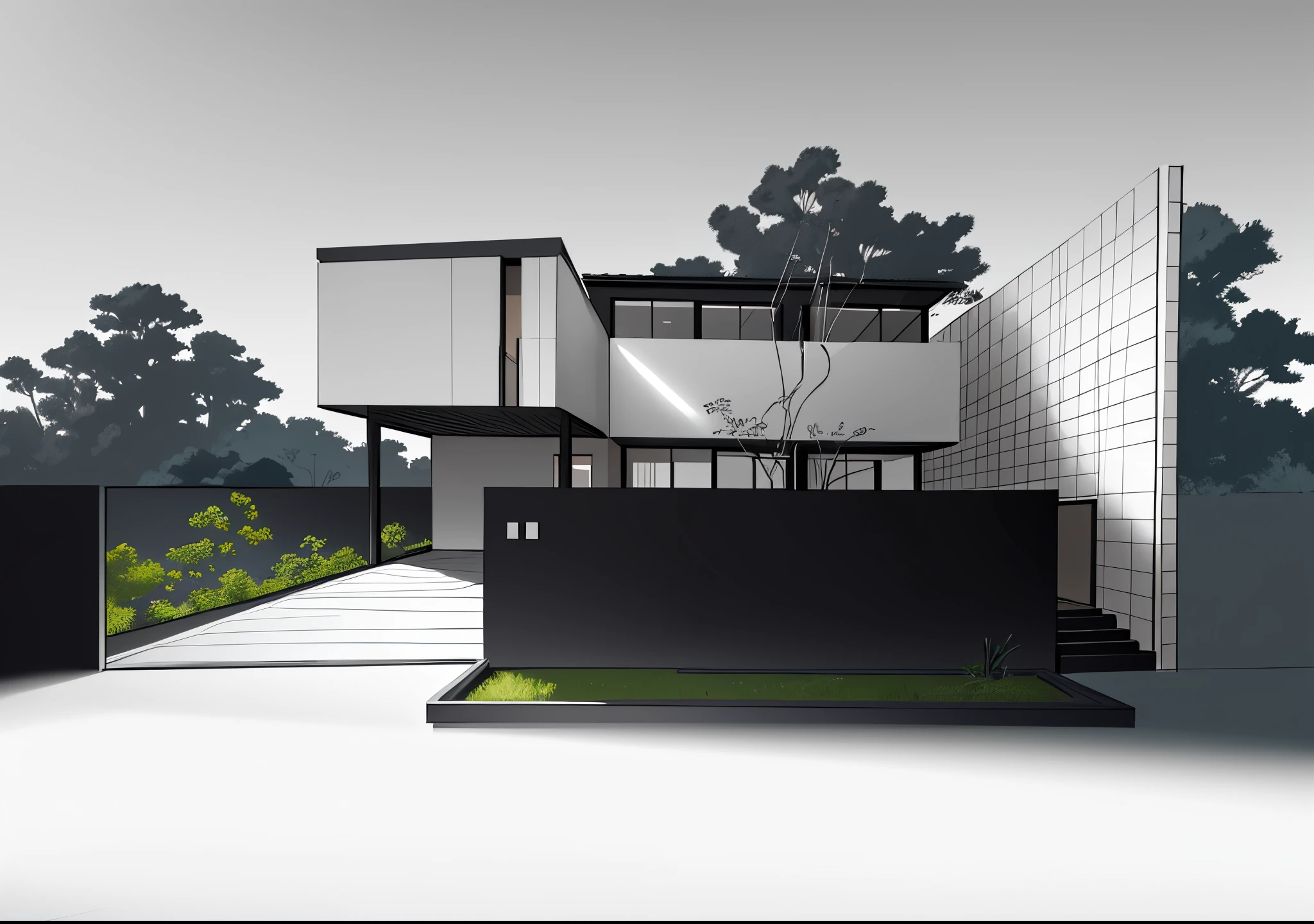 a drawing of a house with a lot of windows and a lot of plants, sketch illustration, architectural sketch, architectural illustration, architectural concepts, architectural concept, concept house, line sketch, architecture concept, drawing architecture, sketch black and white colors, contemporary house, concept drawing, professional sketch, architecture drawing, black and white sketch, sketching, line - art, conceptual rendering
