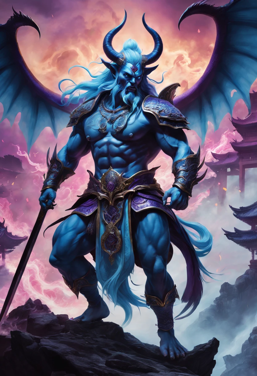 Best quality，ultradetailed，realistically：1.37，Chinese mythology，asuras，King of Devils，terrible death，light blue colored skin，dark piercing eyes，scimitar in hand，has horns on its head，heavy muscular figure，elegant armor，delicate patterns，Glowing aura，Surrounded by purple flames，Desolate battlefield background，Defeat demons and evil spirits，(safe)，Divine wrath，majestic and powerful，mythological creatures