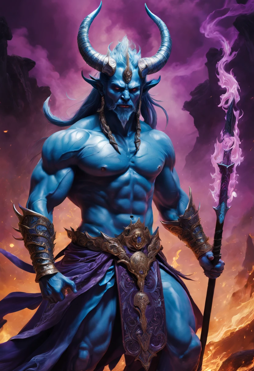 Best quality，ultradetailed，realistically：1.37，Chinese mythology，asuras，King of Devils，terrible death，light blue colored skin，dark piercing eyes，scimitar in hand，has horns on its head，heavy muscular figure，elegant armor，delicate patterns，Glowing aura，Surrounded by purple flames，Desolate battlefield background，Defeat demons and evil spirits，(safe)，Divine wrath，majestic and powerful，mythological creatures