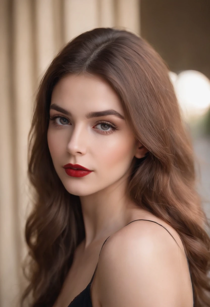Belle fille bronze aux cheveux longs noirs, beau visage, High quality, glossy lipstick, big lips, mini-jupe, yeux bleus, realistic portrait, Corp entier, Photo 4k, yeux bleus,