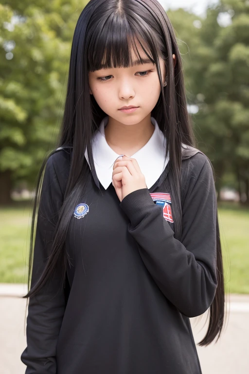 A 16-year-old high school girl with long black hair wearing a school uniform and praying with her hands folded in front of her.