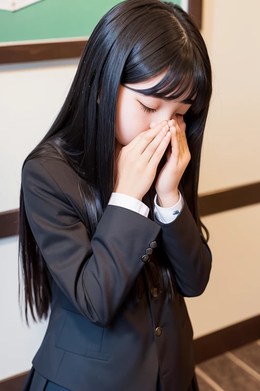 A 16-year-old high school girl with long black hair wearing a school uniform and praying with her hands folded in front of her.