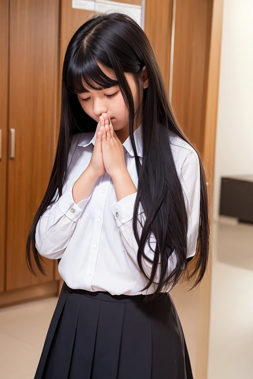 A -yeld hischool girl with long black hair wearing a school uniform and praying with her hands folded in front of her.