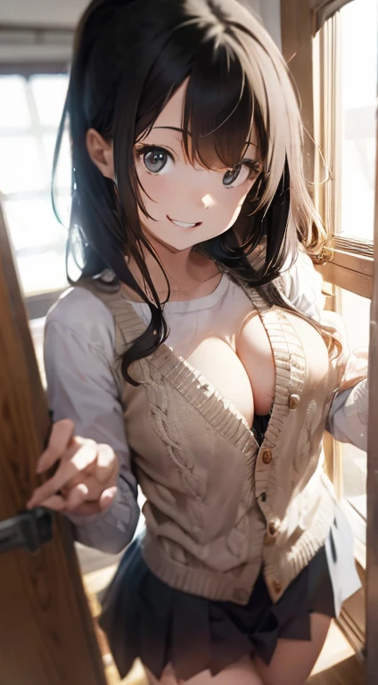 one girls,Wavy Hair,Medium Hair,Half twin hairstyle,a baby face,a small face,A smile,a beauty girl,cute little,Dynamism,cleavage of the breast,Voluptuous thighs,Big buttocks,Ultra-high resolution,ultra-quality,Hi-Res,detaileds,double tooth,rendering art,knit,cardigan,Tea