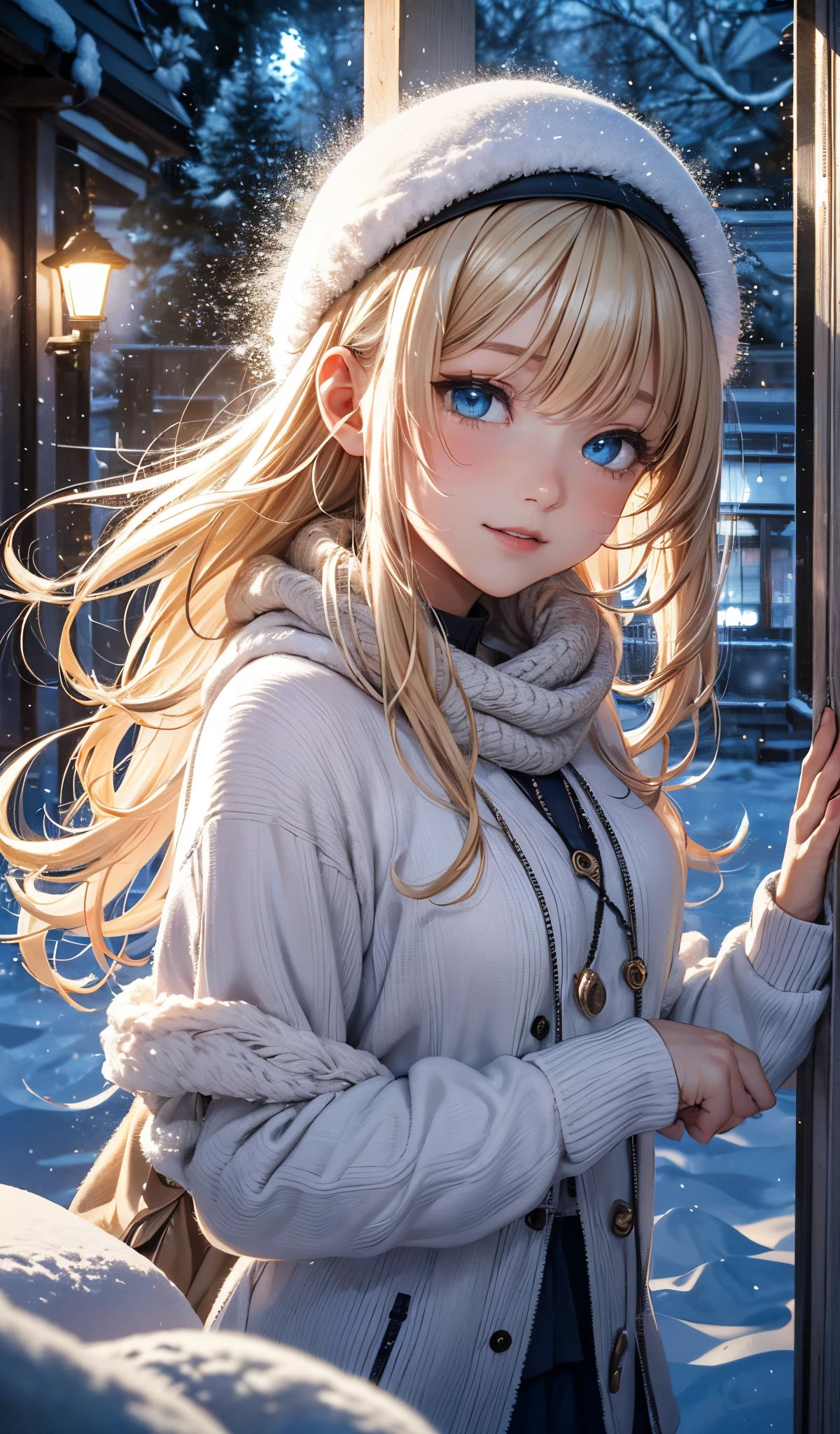 (masterpiece),(top-quality:1.2),1girl in,(masuter piece:1.3),exquisitedetails, Highest quality 8K resolution, Ultra-detailed, Realistic, Vibrant colors, Soft tones, With warm and gentle lighting, (snowy night:1.5),(Snowy city:1.4),sexy wide skirt,Sexy style,Dynamic angles, Sexy hats、sexy earmuffs、Sexy coat,starry sky and shooting stars,Crying and laughter,(Smooth straight blonde hair:1.2),(Hair parted in the middle:1.3),(Glowing hair),(Dark blue eyes:1.3),White skin, hair clips,Small necklace,A gentle feeling overflows,joy and pure love, warm glow,happiness and laughter,Vibrant colors,inspiring style,depth of love,color palettes,dreamy ambiance,masterpiece artwork