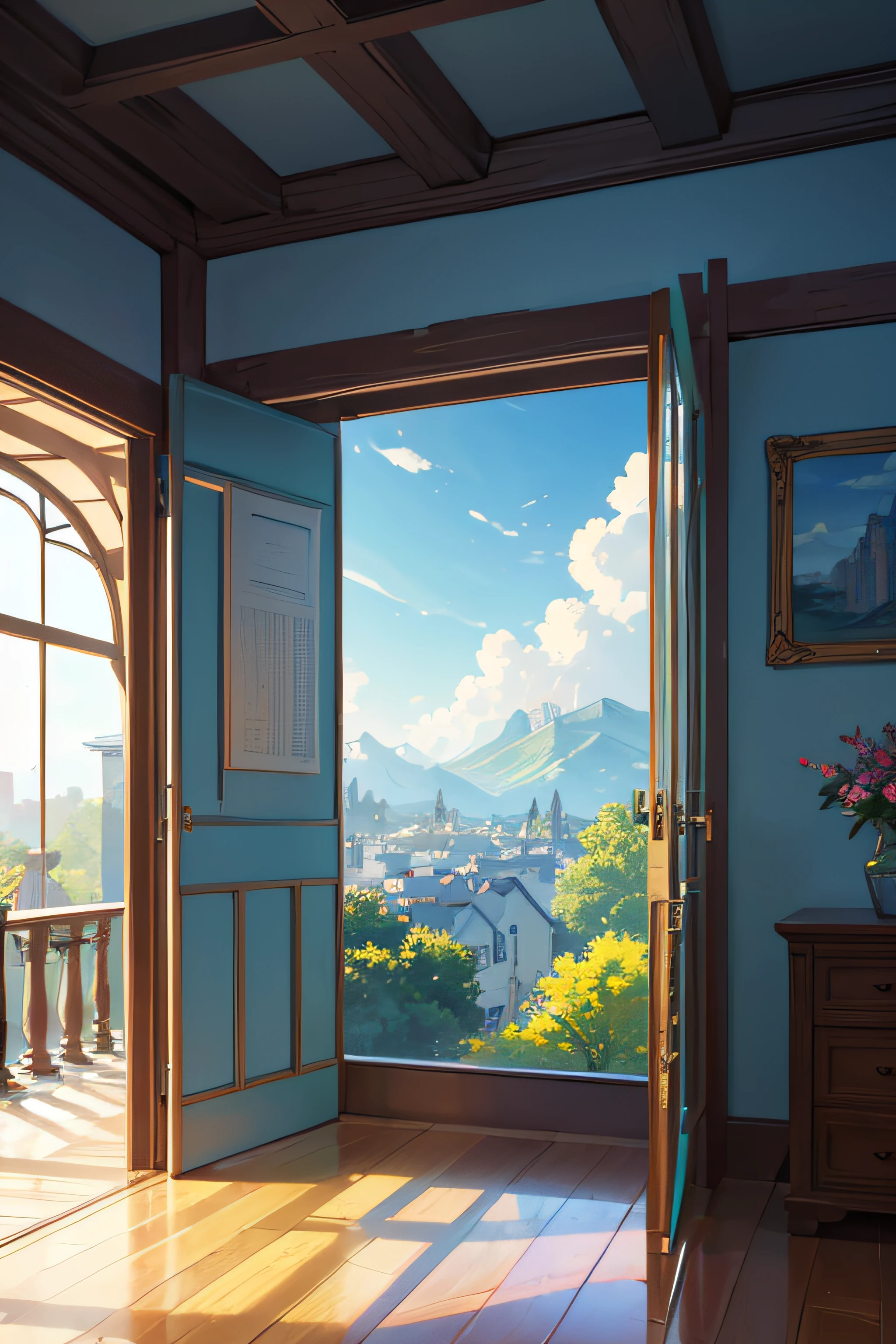 ((best quality)), ((masterpiece)), (detailed), YouTube banner, scenery, scenery from a window in a room, blue sky, tree, few houses, journey