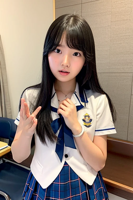 A 16-year-old high school girl with long black hair wearing a school uniform and praying with her hands folded in front of her.