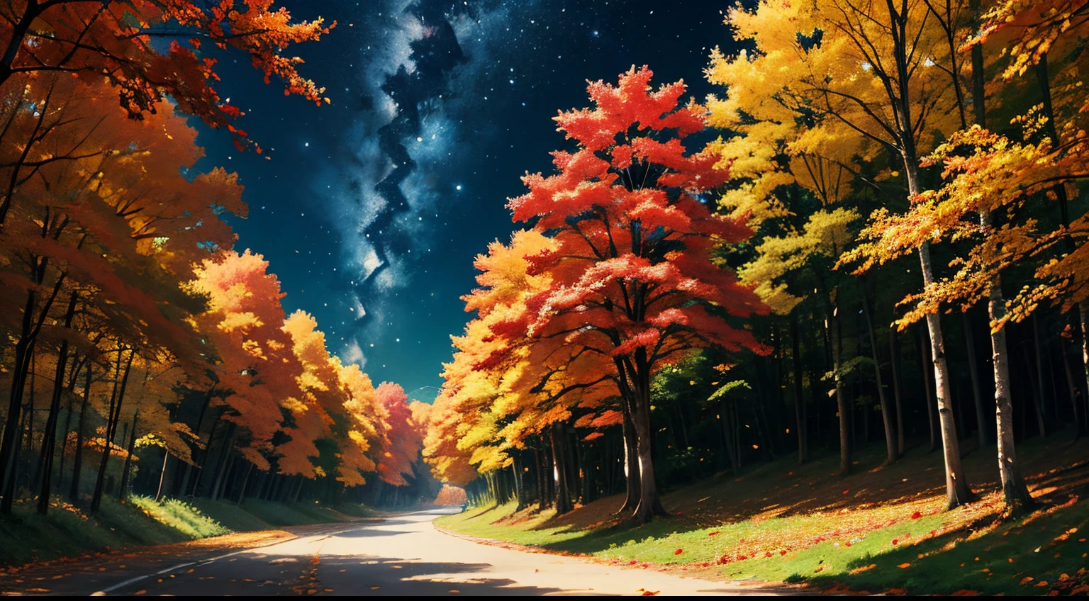 Best Quality、masutepiece、Colored leaves:2、leaves falling、（jpn、starrysky、natta）、mont、the woods、autumnal