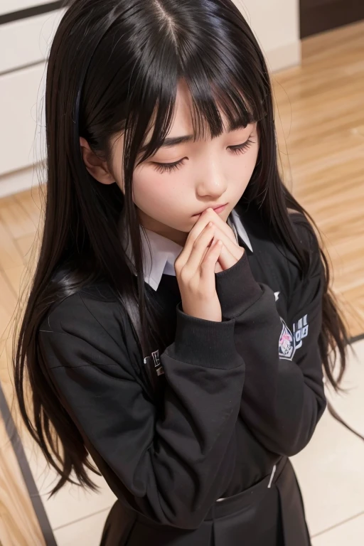 A -yeld hischool girl with long black hair wearing a school uniform and praying with her hands folded in front of her.