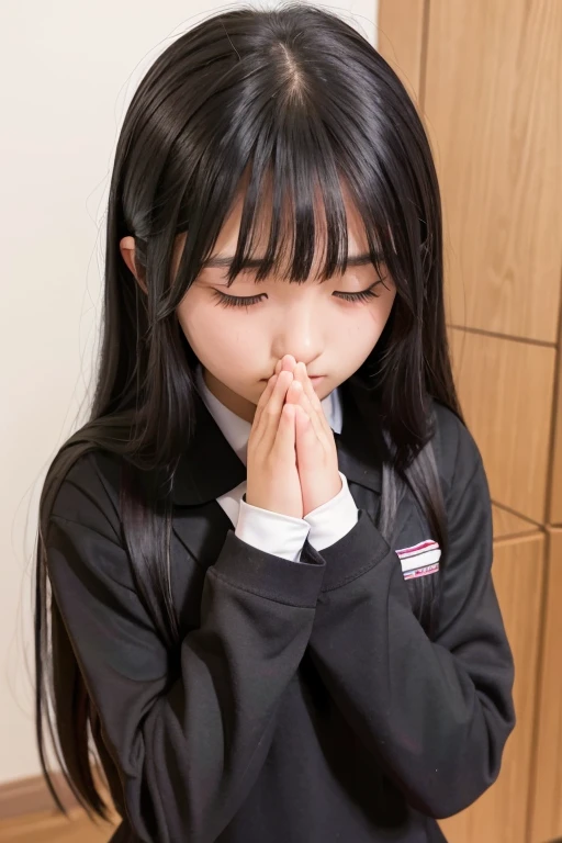 A -yeld hischool girl with long black hair wearing a school uniform and praying with her hands folded in front of her.