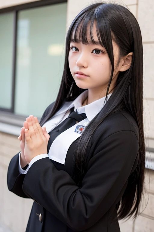 A 16-year-old high school girl with long black hair wearing a school uniform and praying with her hands folded in front of her.