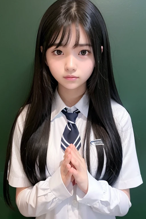 A -yeld hischool girl with long black hair wearing a school uniform and praying with her hands folded in front of her.