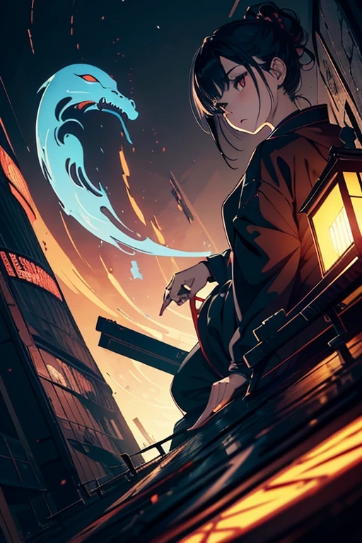 masterpiece, high resolution, ((Draft cartoon style)), ((wallpaper)), ((Diverse angles)), Outline warm color, (drawing style), eerie, Woman with Japanese ghost, horror factor, Distinctive hair style, Creative accessories, Background is city, extra
, 8k