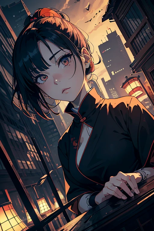 masterpiece, high resolution, ((Draft cartoon style)), ((wallpaper)), ((Diverse angles)), Outline warm color, (drawing style), eerie, Woman with Japanese ghost, horror factor, Distinctive hair style, Creative accessories, Background is city, extra
, 8k