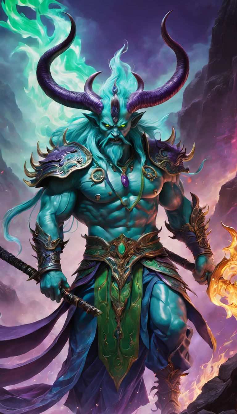 Best quality，ultradetailed，realistically：1.37，Chinese mythology，asuras，King of Devils，terrible death，light blue colored skin，Eyes glowing green，scimitar in hand，has horns on its head，heavy muscular figure，elegant armor，delicate patterns，Glowing aura，Surrounded by purple flames，Desolate battlefield background，Defeat demons and evil spirits，(That is a portrait at length)，Divine wrath，majestic and powerful，mythological creatures