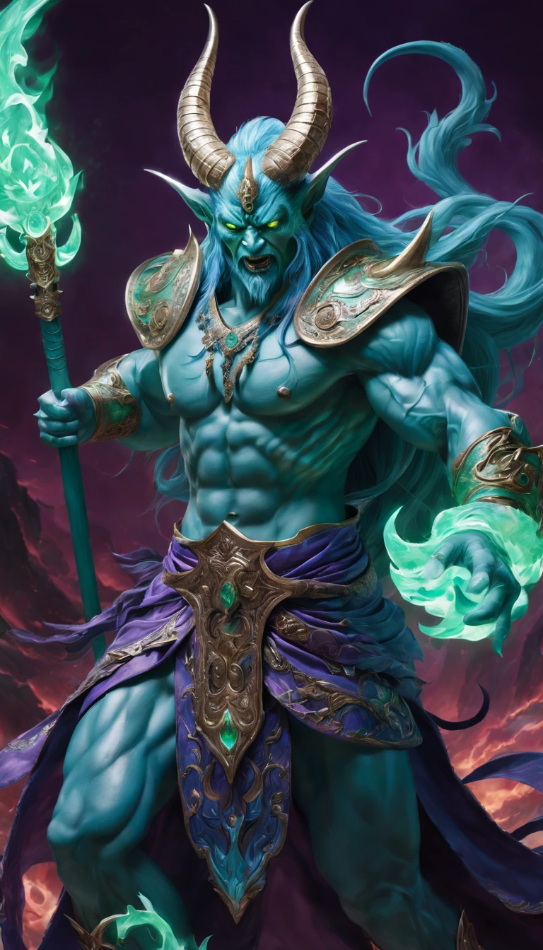 Best quality,ultradetailed,realistically:1.37,Chinese mythology,asuras,King of Devils,terrible death,light blue colored skin,Eyes glowing green,scimitar in hand,has horns on its head,heavy muscular figure,elegant armor,delicate patterns,Glowing aura,Surrounded by purple flames,Desolate battlefield background,Defeat demons and evil spirits,(That is a portrait at length),Divine wrath,majestic and powerful,mythological creatures