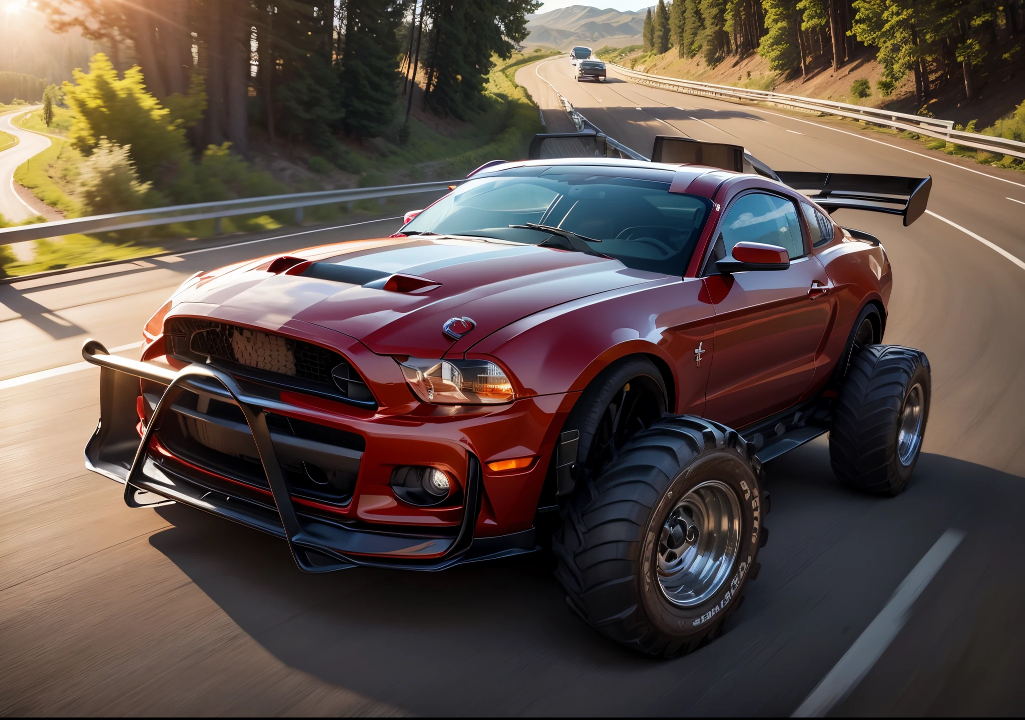 A Red Mustang custom being driven by a man on a winding road. The car is in motion, with trees lining both sides of the road. I want an image that captures the feeling of an exhilarating journey, with the man enjoying the drive on a sunny day.