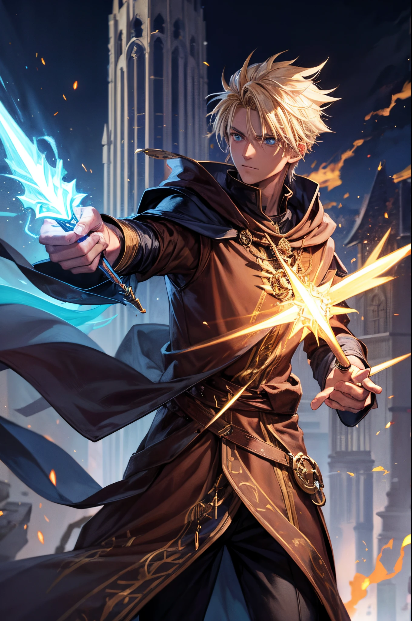 Male, Blonde spikey hair, dark brown skin, wearing a wizard robe, wielding a wooden mage staff A wizard tower in the background