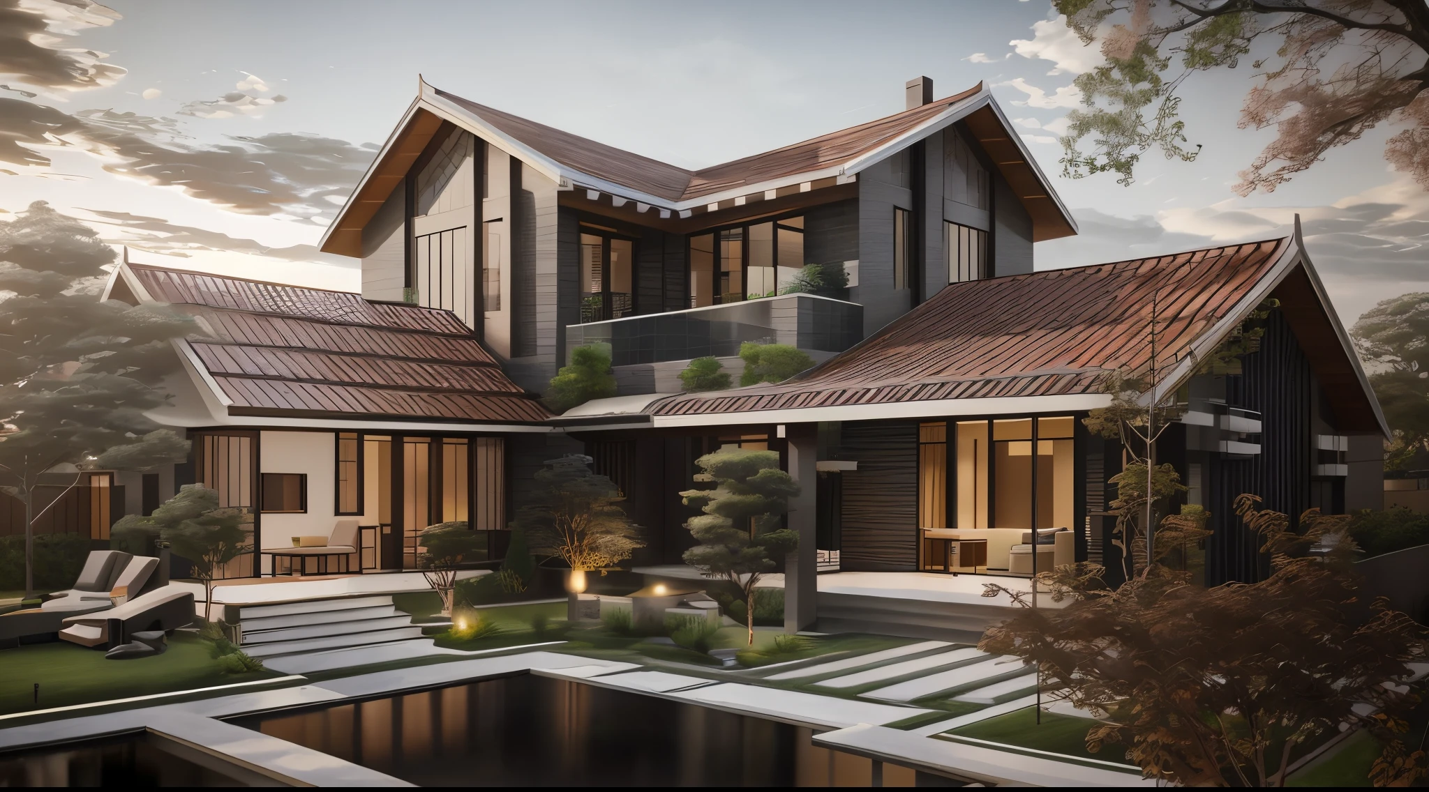 Modern Villa, Ma Jian, Front, architecture, Brick and metal, Photos of the house, architecture, Beautiful, Masterpiece, Best quality, Super detailed, Realistic, Photorealistic, 8K, Sharp focus