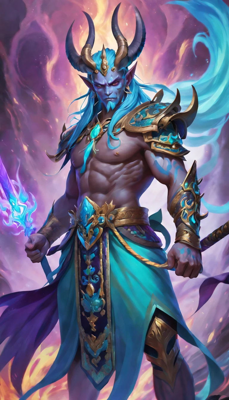 Best quality,ultradetailed,realistically:1.37,Chinese mythology,asuras,King of Devils,terrible death,light blue colored skin,Eyes glowing green,scimitar in hand,has horns on its head,heavy muscular figure,elegant armor,delicate patterns,Glowing aura,Surrounded by purple flames,Desolate battlefield background,Defeat demons and evil spirits,(That is a portrait at length),Divine wrath,majestic and powerful,mythological creatures