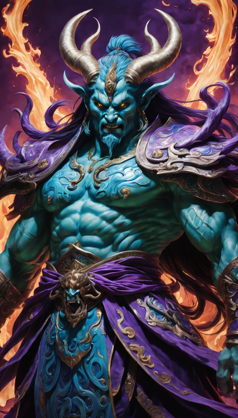 Best quality,ultradetailed,realistically:1.37,Chinese mythology,asuras,King of Devils,terrible death,light blue colored skin,Eyes glowing green,scimitar in hand,has horns on its head,heavy muscular figure,elegant armor,delicate patterns,Glowing aura,Surrounded by purple flames,Desolate battlefield background,Defeat demons and evil spirits,(That is a portrait at length),Divine wrath,majestic and powerful,mythological creatures