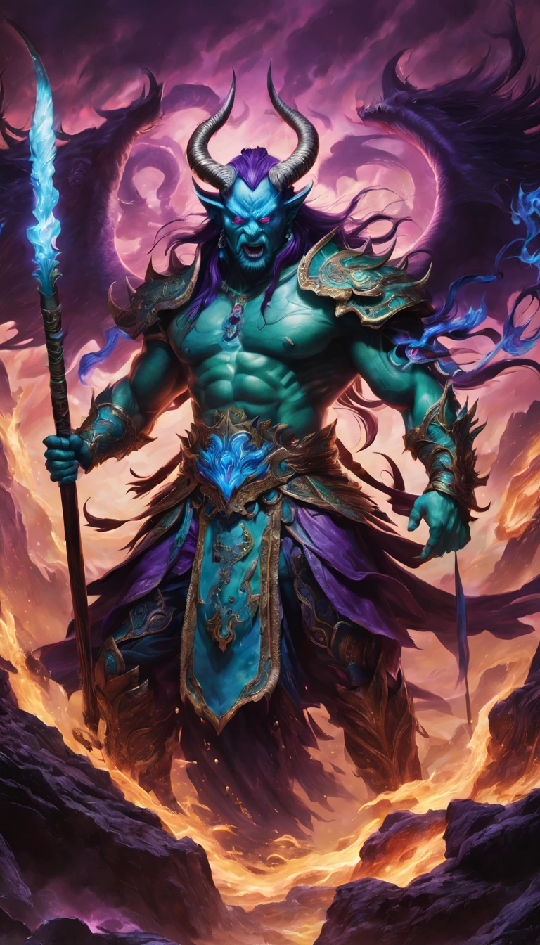 Best quality,ultradetailed,realistically:1.37,Chinese mythology,asuras,King of Devils,terrible death,light blue colored skin,Eyes glowing green,scimitar in hand,has horns on its head,heavy muscular figure,elegant armor,delicate patterns,Glowing aura,Surrounded by purple flames,Desolate battlefield background,Defeat demons and evil spirits,(That is a portrait at length),Divine wrath,majestic and powerful,mythological creatures