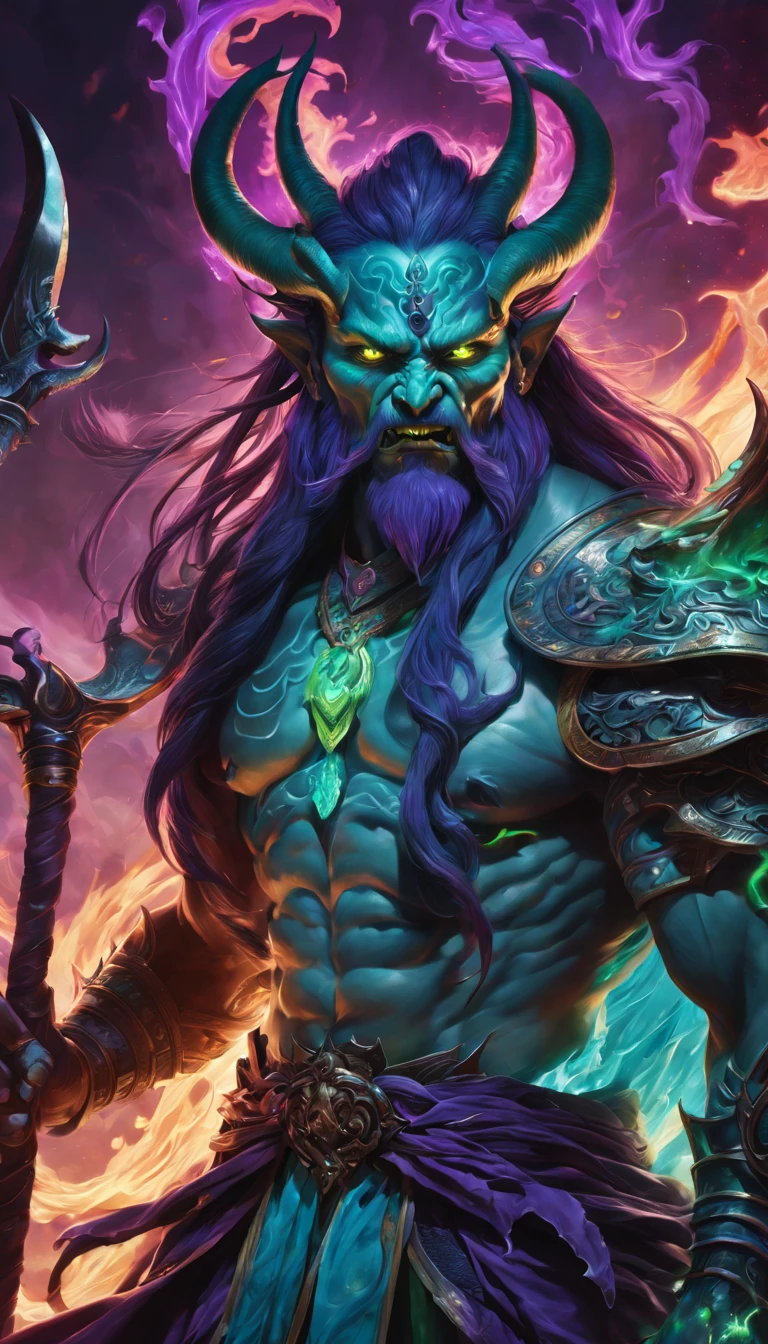 Best quality，ultradetailed，realistically：1.37，Chinese mythology，asuras，King of Devils，terrible death，light blue colored skin，Eyes glowing green，scimitar in hand，has horns on its head，heavy muscular figure，elegant armor，delicate patterns，Glowing aura，Surrounded by purple flames，Desolate battlefield background，Defeat demons and evil spirits，(That is a portrait at length)，Divine wrath，majestic and powerful，mythological creatures