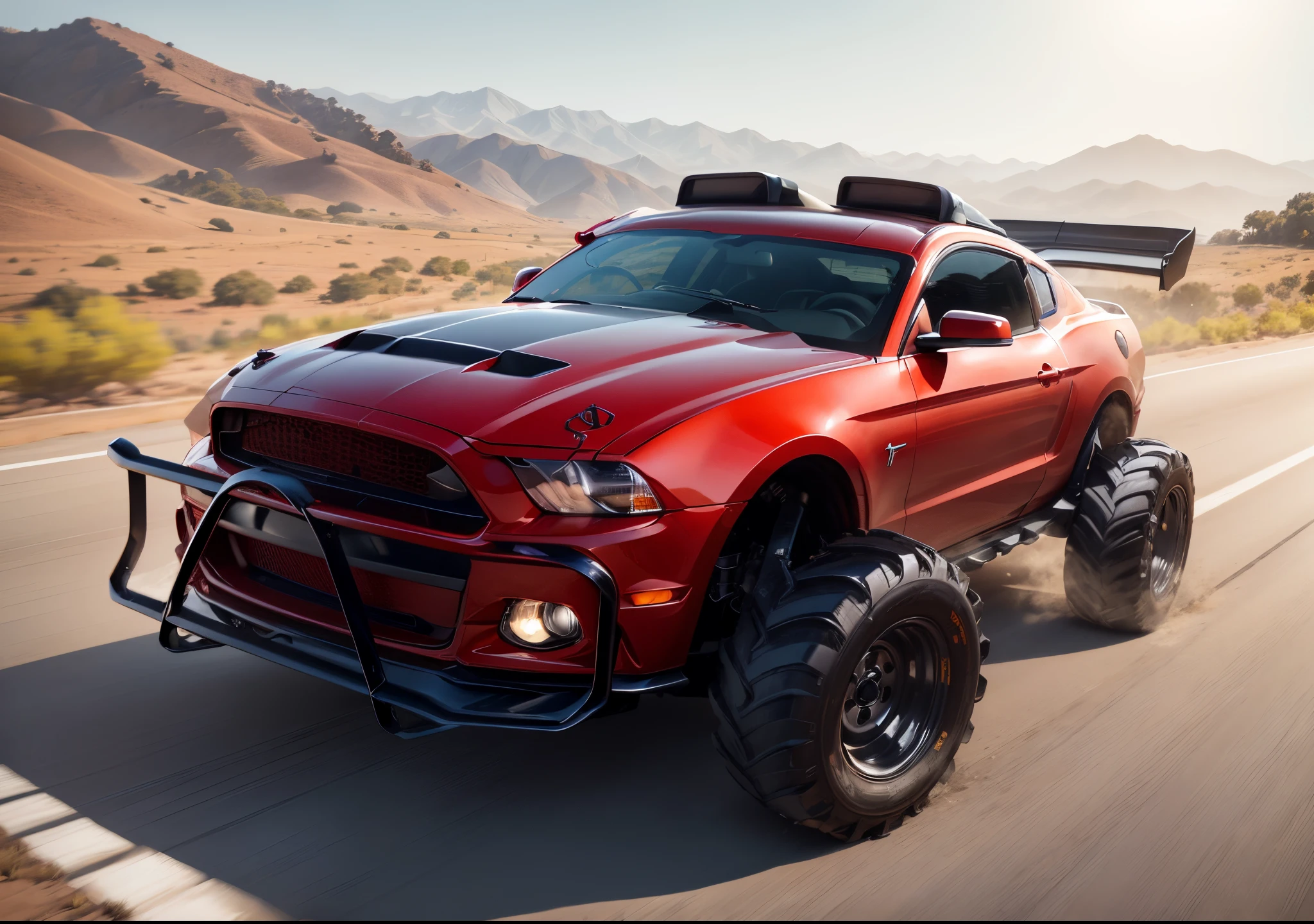 Um Red Mustang personalizado sendo dirigido por um homem em uma estrada sinuosa. The car is moving, with trees lined up on both sides of the road. I want an image that captures the feeling of an exciting journey, com o homem curtindo o passeio em um dia ensolarado.