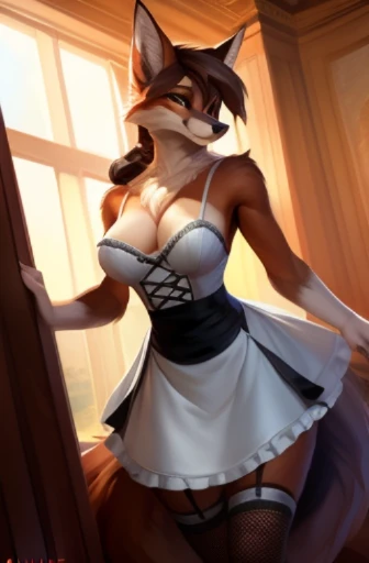 4k, high resolution, best quality, masterpiece, perfect colors, perfect shadows, beautiful and detailed portrait of a (((feminine))), perfect lighting, posted on e621, (by Chunie, by Einshelm), furry, anthro, furry art, ((portrait)), Female fox, red fox, (two-toned fur), furry body black legs from foot to knee,fluffy, fluffy tail, body fur, animal nose,chin fluff, muzzle, Mane,Big fluffy chest tuft, big fluffy neck tuft,fluffy neck, fluffy chest, Lots of fluff, Beautiful brown eyes, fit body, perfect masculine body, detailed fur, detailed face, ((Bonifasko lighting)), fox tail, (detailed eyes), perfect pupils, Tall, brown hair, Brown hair tied in to a pony tail, Wide hips, big legs, B cup breasts, Fluffy neck, Huge Fox tail, Arms white, maid_dress, Sexy Maid dress, sexy long maid dress, maid, Very long sexy dress, Very long sexy Maid dress, fishnets, fishnet stockings, Sexy maid