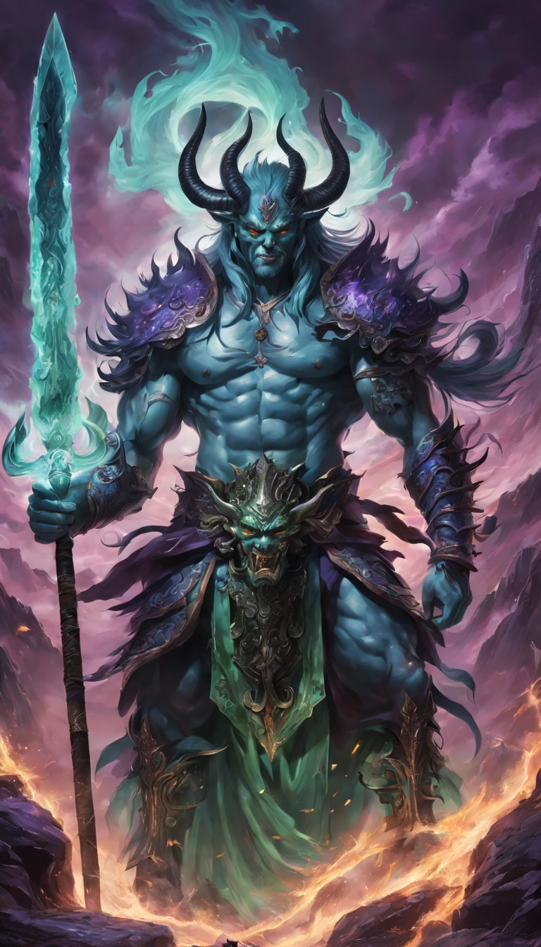 Best quality,ultradetailed,realistically:1.37,Chinese mythology,asuras,King of Devils,terrible death,light blue colored skin,Eyes glowing green,scimitar in hand,has horns on its head,heavy muscular figure,elegant armor,delicate patterns,Glowing aura,Surrounded by purple flames,Desolate battlefield background,Defeat demons and evil spirits,(That is a portrait at length),Divine wrath,majestic and powerful,mythological creatures