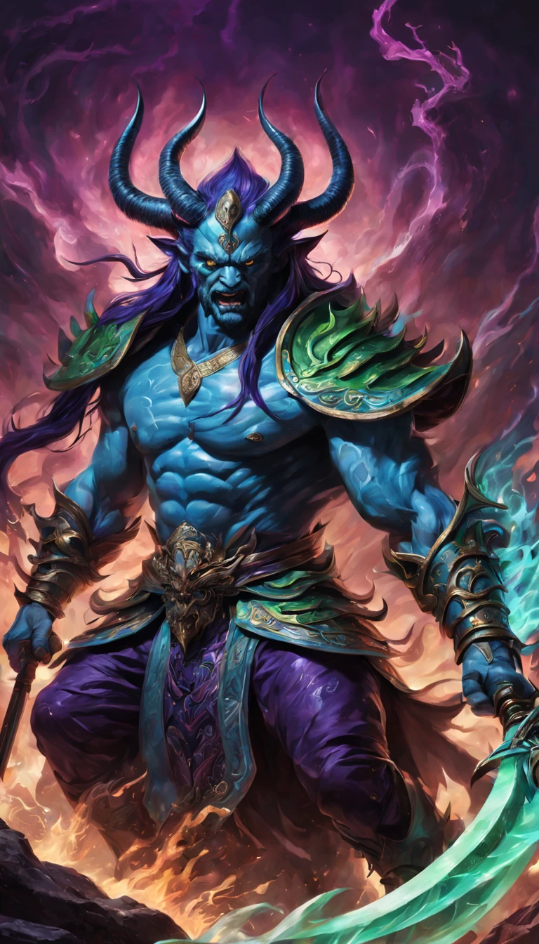 Best quality，ultradetailed，realistically：1.37，Chinese mythology，asuras，King of Devils，terrible death，light blue colored skin，Eyes glowing green，scimitar in hand，has horns on its head，heavy muscular figure，elegant armor，delicate patterns，Glowing aura，Surrounded by purple flames，Desolate battlefield background，Defeat demons and evil spirits，(That is a portrait at length)，Divine wrath，majestic and powerful，mythological creatures