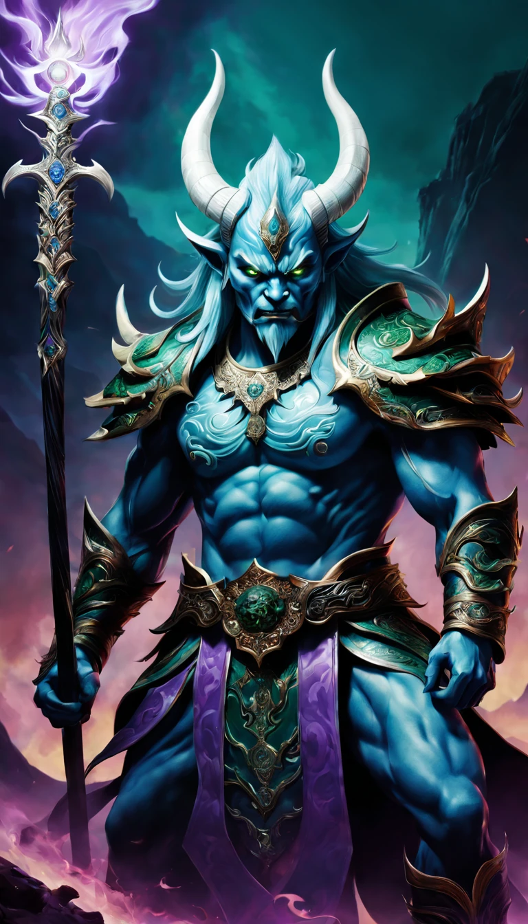 Best quality,ultradetailed,realistically:1.37,Chinese mythology,asuras,King of Devils,terrible death,light blue colored skin,Eyes glowing green,scimitar in hand,has horns on its head,heavy muscular figure,elegant armor,delicate patterns,Glowing aura,Surrounded by purple flames,Desolate battlefield background,Defeat demons and evil spirits,(That is a portrait at length),Divine wrath,majestic and powerful,mythological creatures