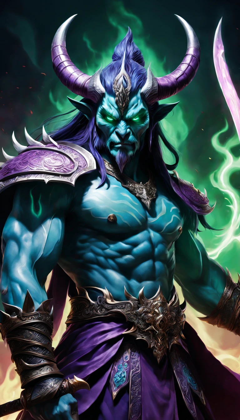 Best quality,ultradetailed,realistically:1.37,Chinese mythology,asuras,King of Devils,terrible death,light blue colored skin,Eyes glowing green,scimitar in hand,has horns on its head,heavy muscular figure,elegant armor,delicate patterns,Glowing aura,Surrounded by purple flames,Desolate battlefield background,Defeat demons and evil spirits,(That is a portrait at length),Divine wrath,majestic and powerful,mythological creatures