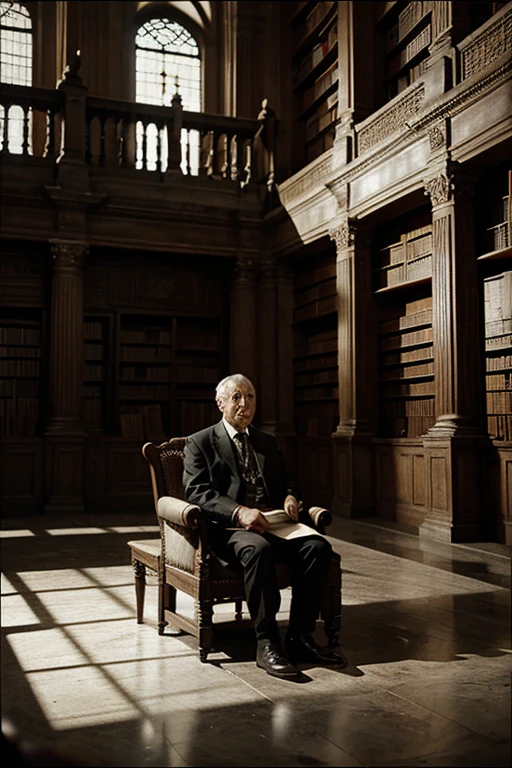 Jorge Luis Borges sentado en una silla, holding on to his cane, con una aureola de santo, in an infinite library in the style of Escher and the prisons of Piranesi.
