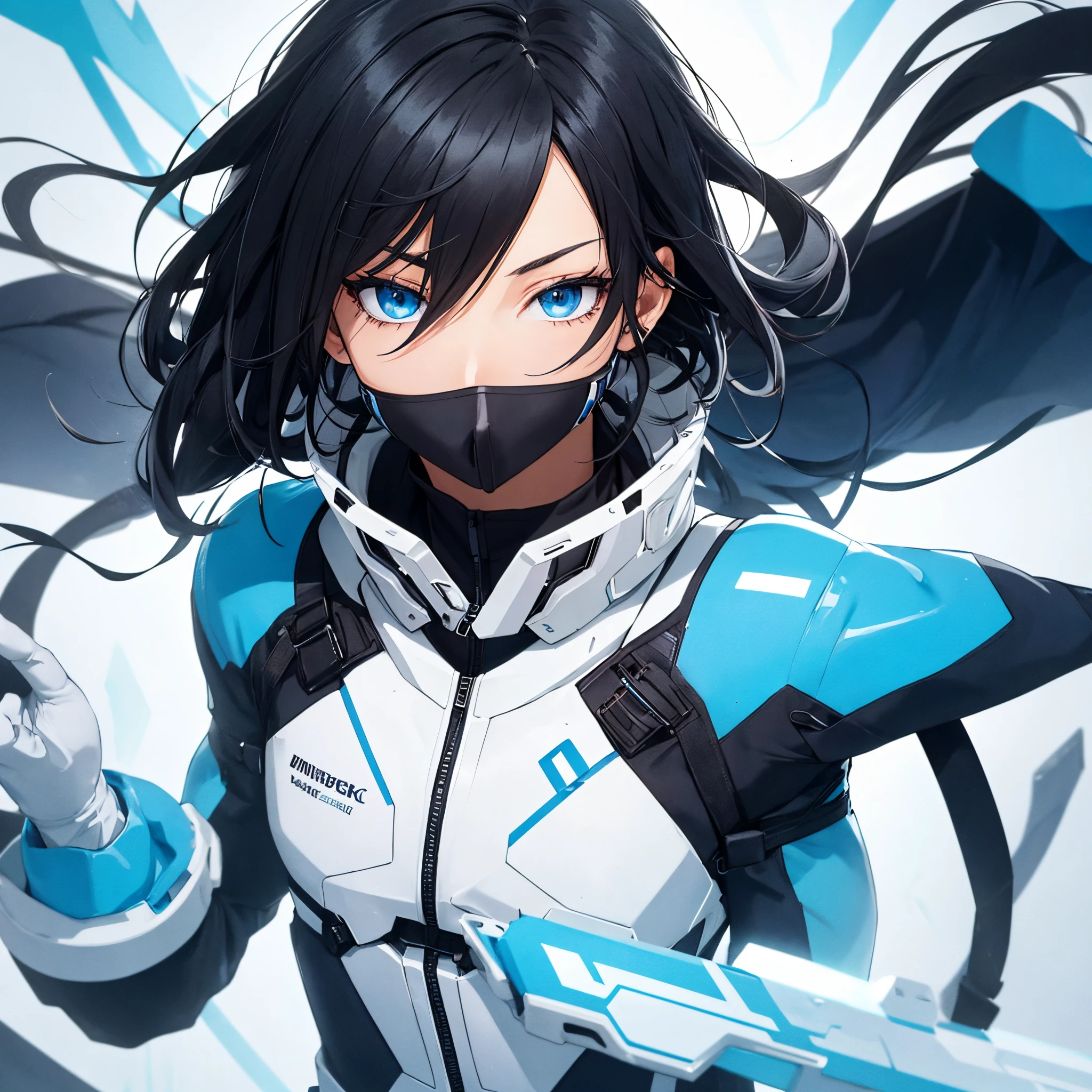 Black  hair anime character , with a mouth covering blue electronic mask wearing a military futuristic nanoteck suit blue eyes and calm nature