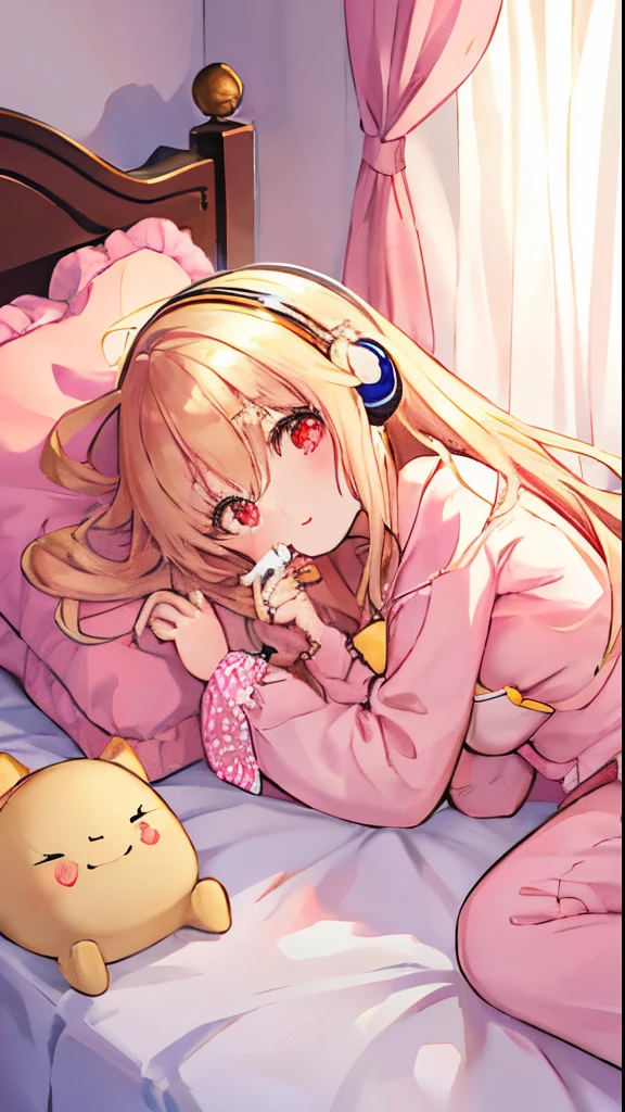 beautiful illustration、top-quality、Cute little girl s、bedroom、PastelColors、小柄、long hair of golden color、Bright lighting、bright red eyes、headset on head、Crisp look、Lying in bed、huge tit、s Pajamas