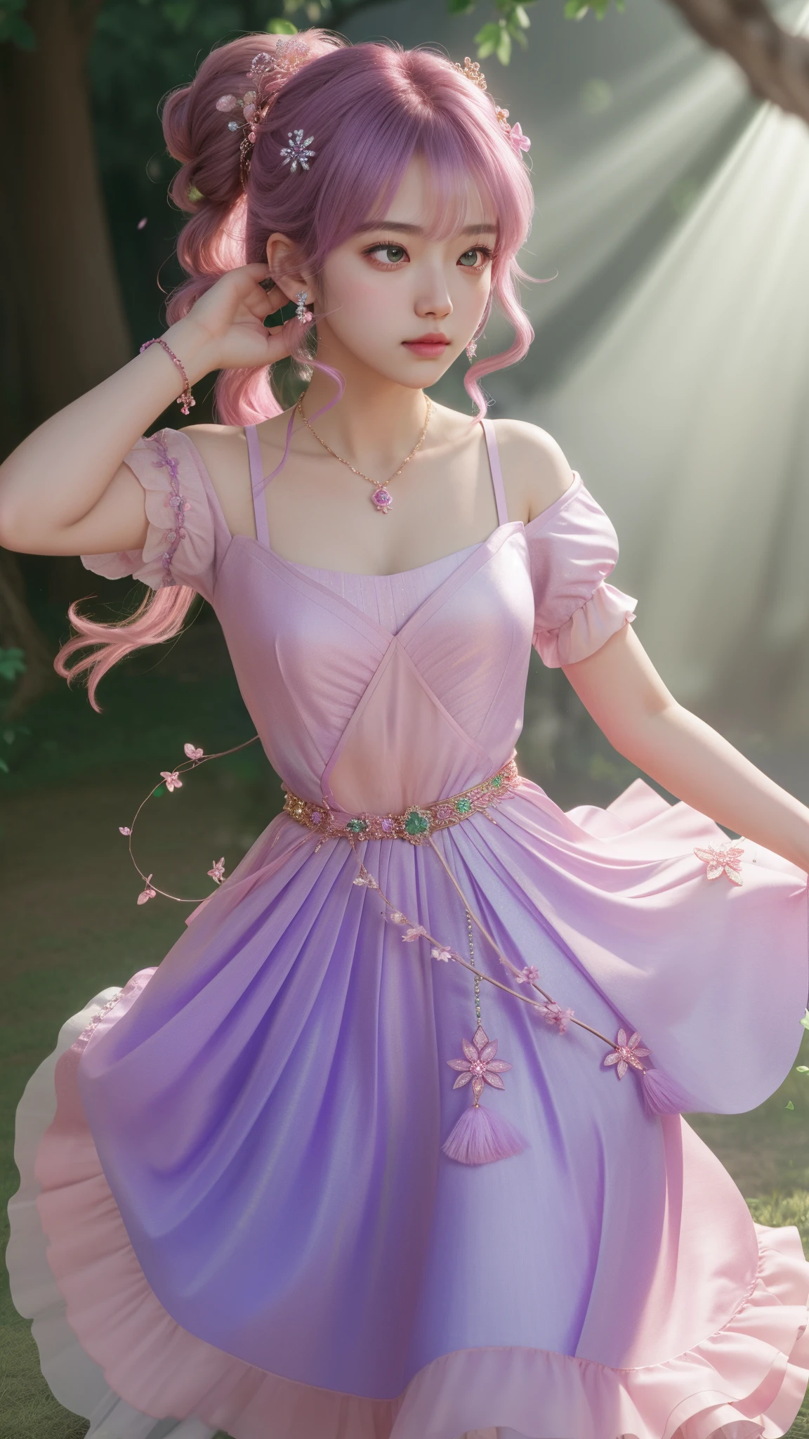 a girl, detailed hair, detailed eyes, shy, facial hair, clover hair ornament, jeweled branch of hourai, jewelry, light blush, light blush, musical note hair ornament, purple dress, princess dress, glowing light, ray tracing, bloom, chromatic aberration abuse, motion blur, 4K, UHD, masterpiece, dancing poses,