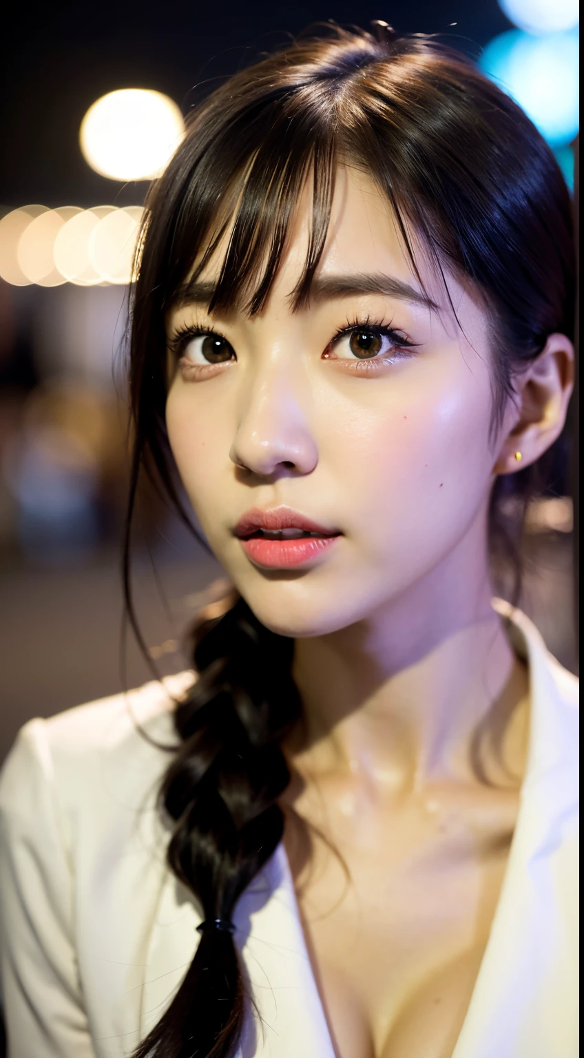 1girl,(school uniform,japan,medium hair black hair, ),(RAW photo, best quality), (realistic, photo-realistic:1.4), masterpiece, an extremely delicate and beautiful,, photography, extremely detailed, kodak Portra 400,film grain,2k wallpaper, Amazing, finely detail, extremely detailed CG unity 8k wallpaper, ultra-detailed, highres, soft light, beautiful detailed girl, extremely detailed eyes and face, beautiful detailed nose, beautiful detailed eyes,cinematic lighting,city lights at night,street