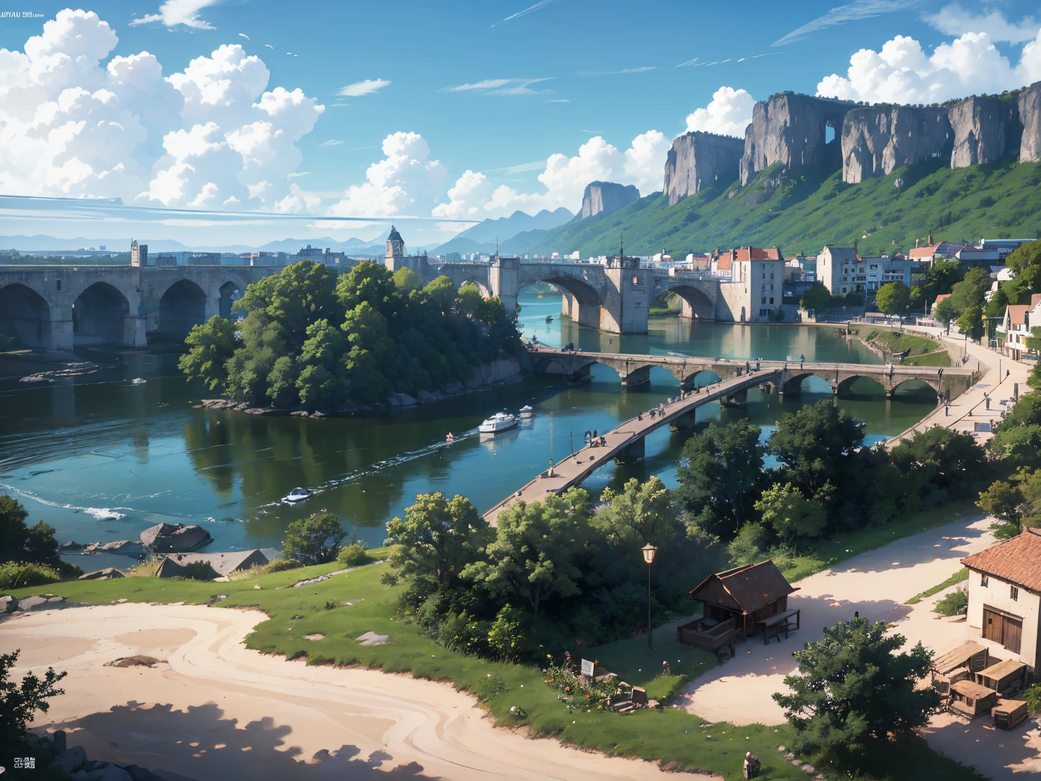 coMix wave flim studio, makato shinkai art, more detail, intricate details,8k resolution, cinematic,a village with river, civilization, water falls etc, mind-blowing scenery --auto --s2